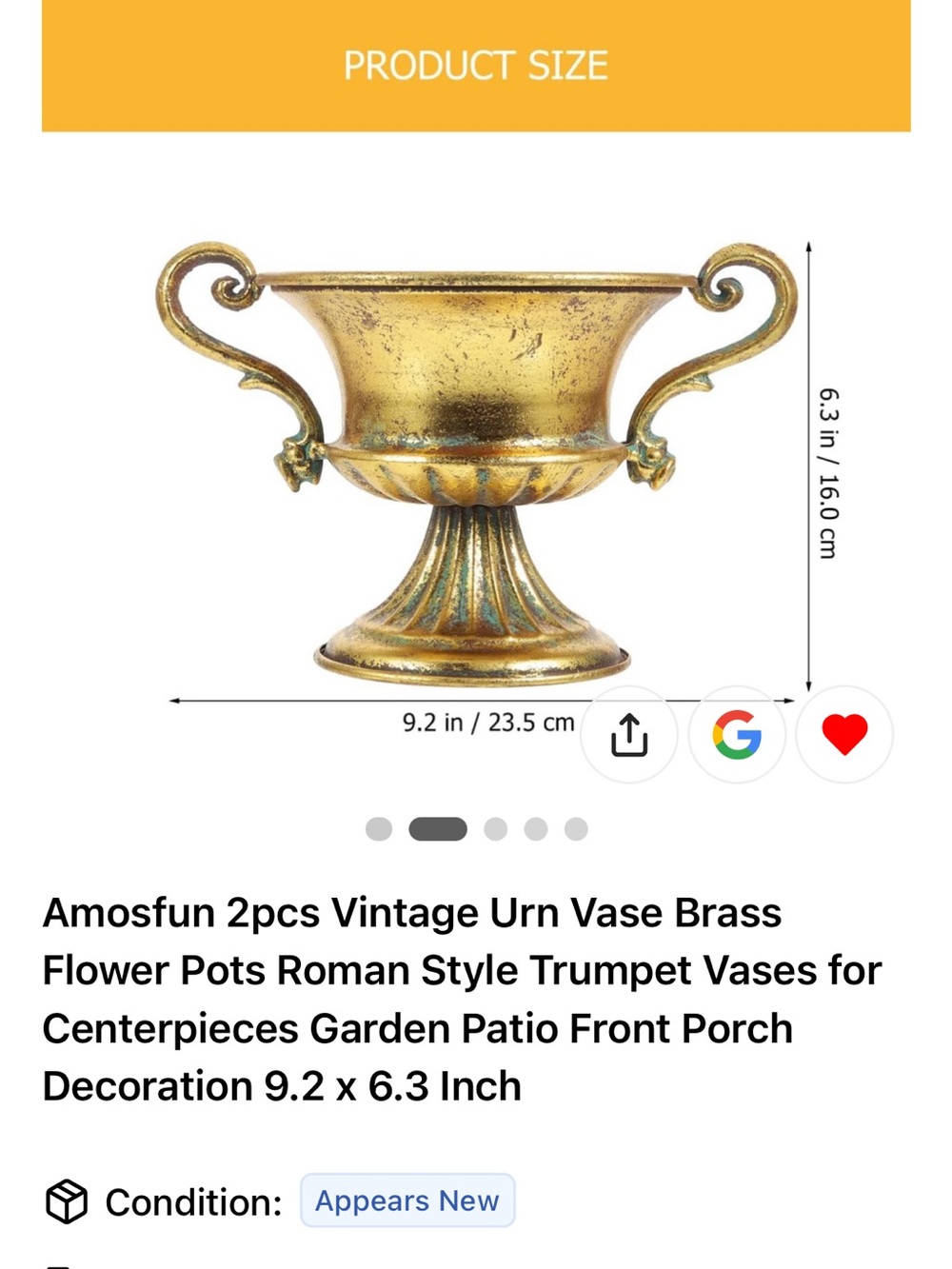 Gold Vintage Roman Urn Vase - Brass-Style Centerpiece